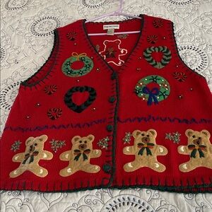 Festive Red Holiday Vest with Teddy Bear Design